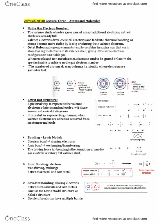 CBMS107 Lecture Notes - Lecture 3: Valence Electron, Noble Gas, Ionic Bonding thumbnail