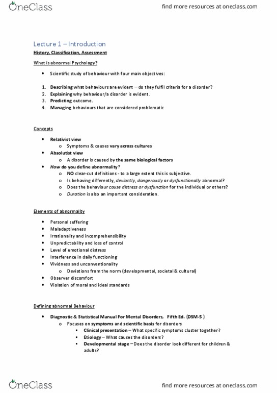 PSYC3102 Lecture Notes - Lecture 1: Mental Disorder, Etiology, Social Skills thumbnail