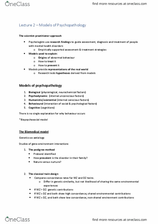 PSYC3102 Lecture Notes - Lecture 2: Biopsychosocial Model, Biomedical Model, Proband thumbnail