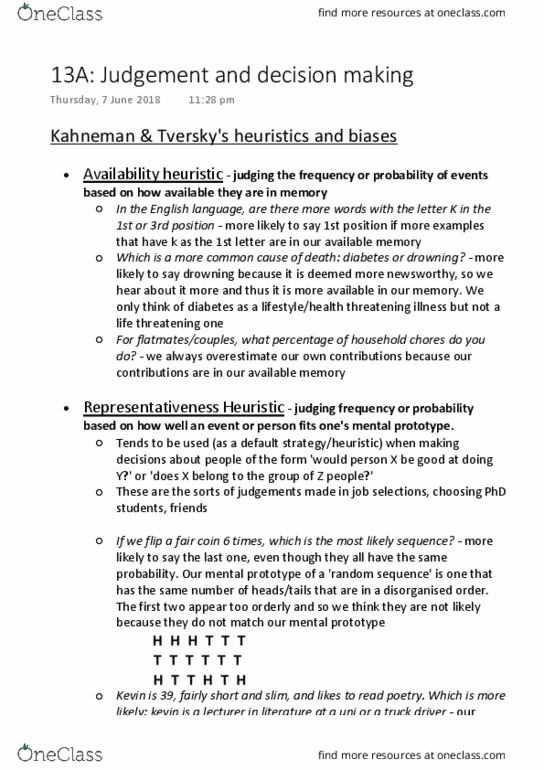 PSYC1020 Lecture Notes - Lecture 13: Availability Heuristic, Fair Coin, Daniel Kahneman thumbnail