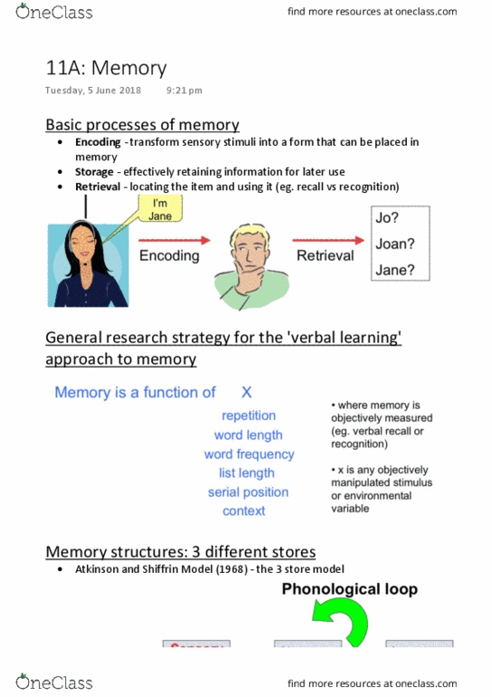 PSYC1020 Lecture Notes - Lecture 11: Echoic Memory, Episodic Memory, Iconic Memory thumbnail