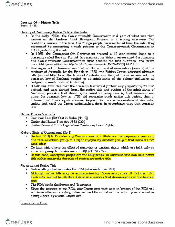 16641 Lecture Notes - Lecture 4: Native Title Act 1993, Arnhem Land, Allodial Title thumbnail