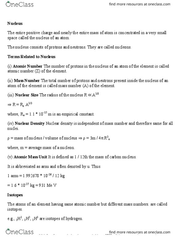 PCS 125 Chapter Notes - Chapter 13: Nuclear Force, Charge Radius, Mass Number thumbnail