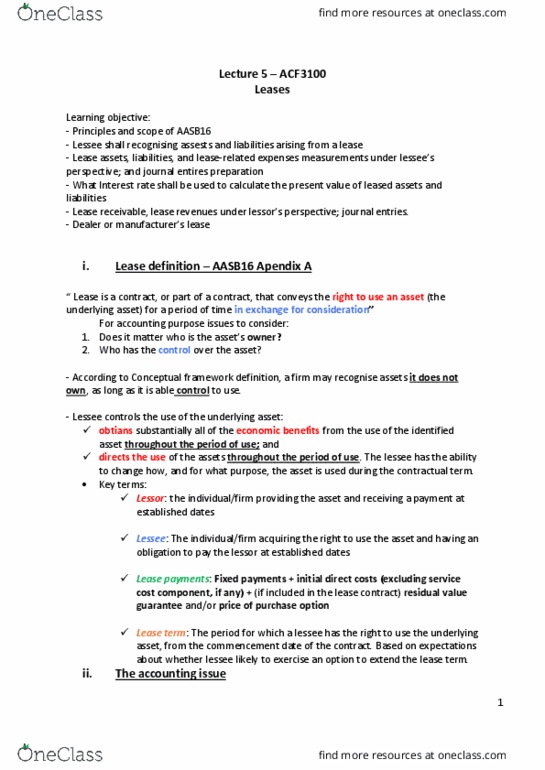 ACF2100 Lecture Notes - Lecture 5: Financial Statement, Conceptual Framework, Interest Expense thumbnail