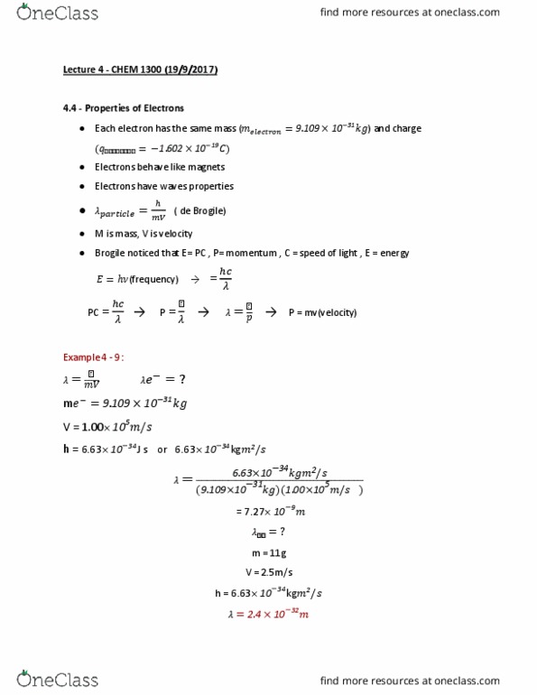 CHEM 1300 Lecture Notes - Lecture 4: Uncertainty Principle, Quantum Number, Bohr Model thumbnail
