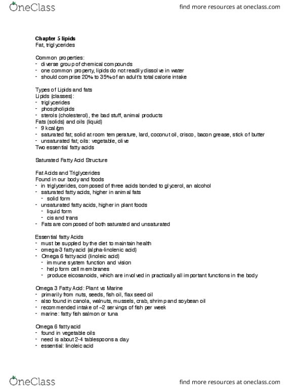 HUMNNTR 2210 Lecture Notes - Lecture 5: Essential Fatty Acid, Unsaturated Fat, Saturated Fat thumbnail