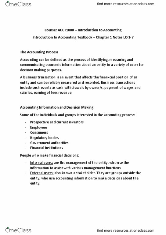 ACCT1000 Chapter Notes - Chapter 1: Financial Accounting, Management Accounting, Faithful Representation thumbnail