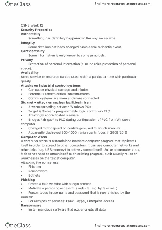 FIT1047 Lecture Notes - Lecture 12: Computer Worm, Stuxnet, Critical Infrastructure thumbnail