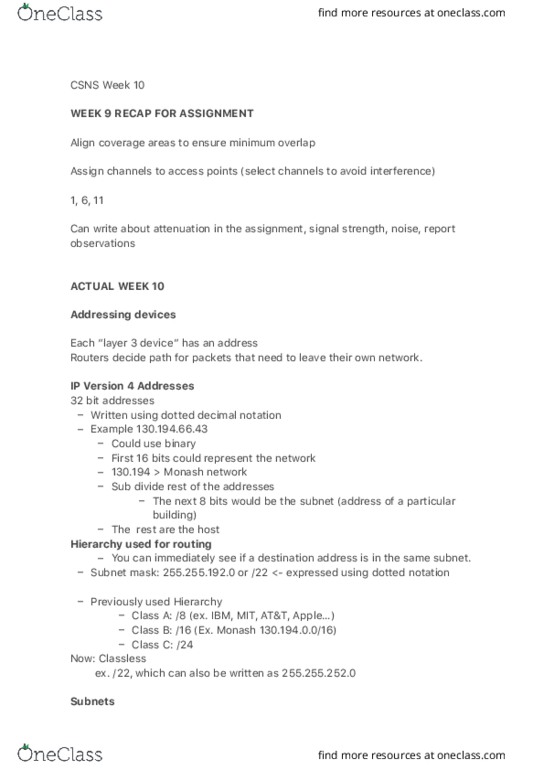 FIT1047 Lecture Notes - Lecture 10: Dot-Decimal Notation, Subnetwork, Network Layer thumbnail