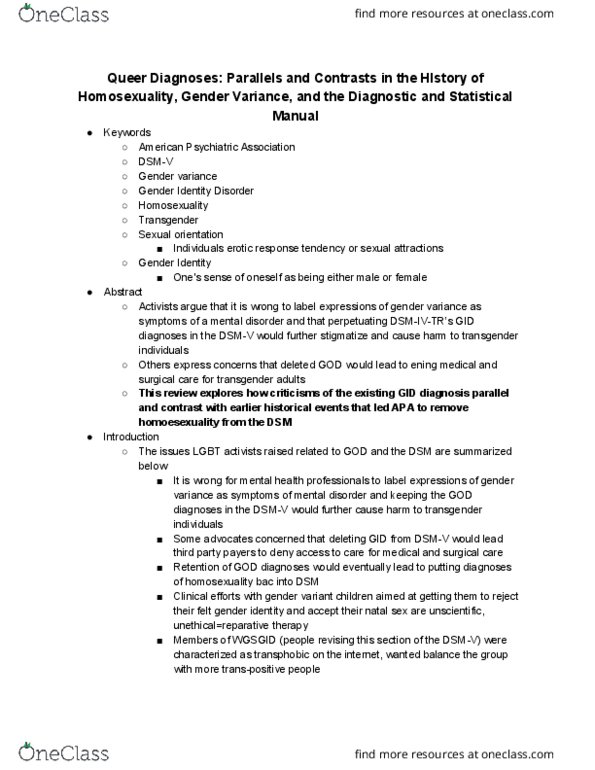 GWSS 257 Chapter Notes - Chapter Queer Diagnoses Parallels and Contrasts: American Psychiatric Association, Gender Variance, Transphobia thumbnail
