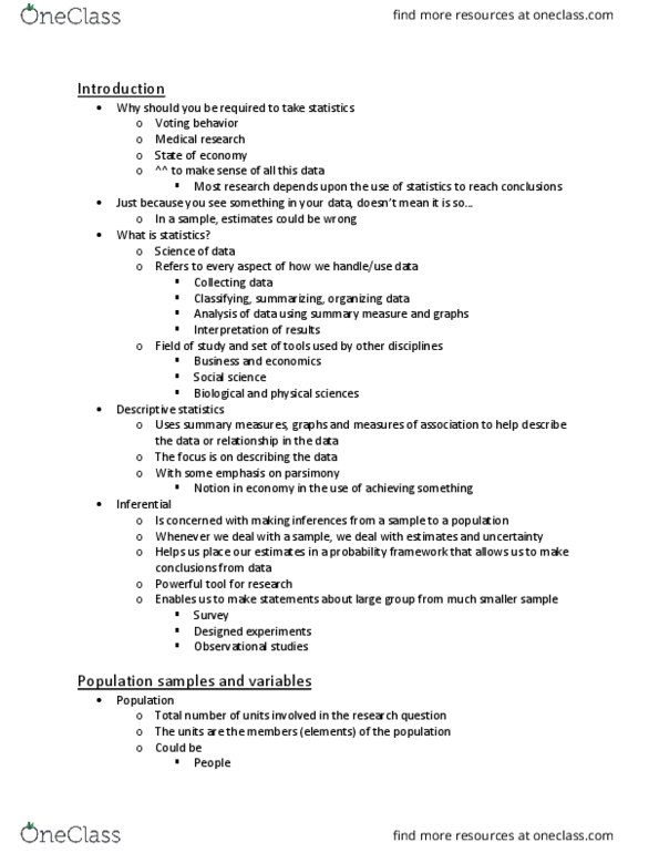 STAT200 Lecture Notes - Lecture 1: Statistical Inference, Voting Behavior, Design Of Experiments thumbnail