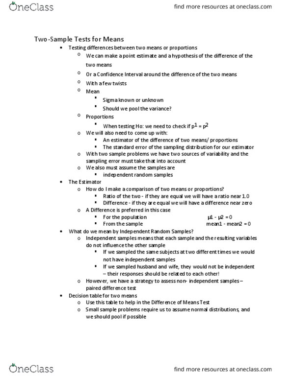 STAT200 Lecture Notes - Lecture 8: Paired Difference Test, Decision Table, Means Test thumbnail