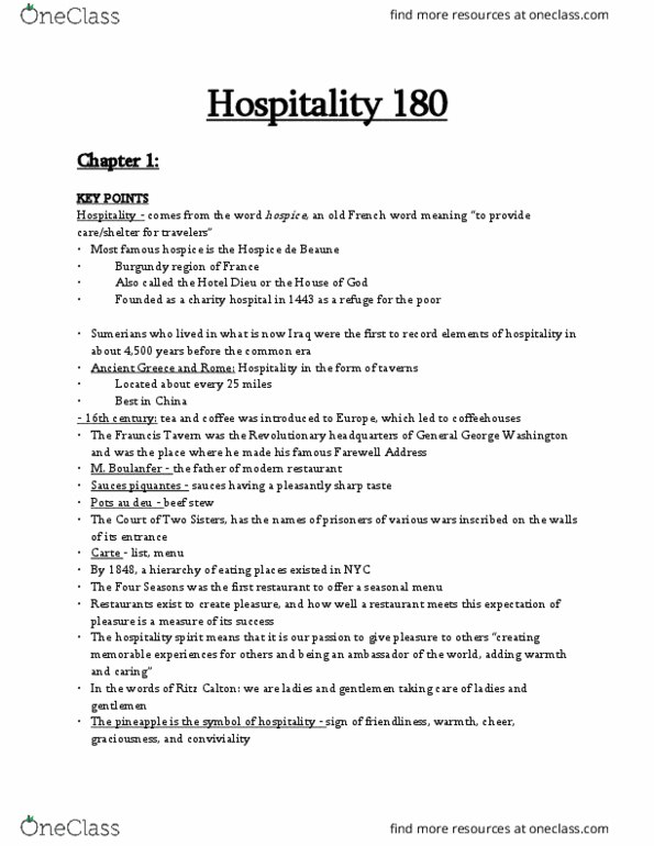 HOSP 180 Lecture Notes - Lecture 1: Pineapple, Total Quality Management, Shift Work thumbnail