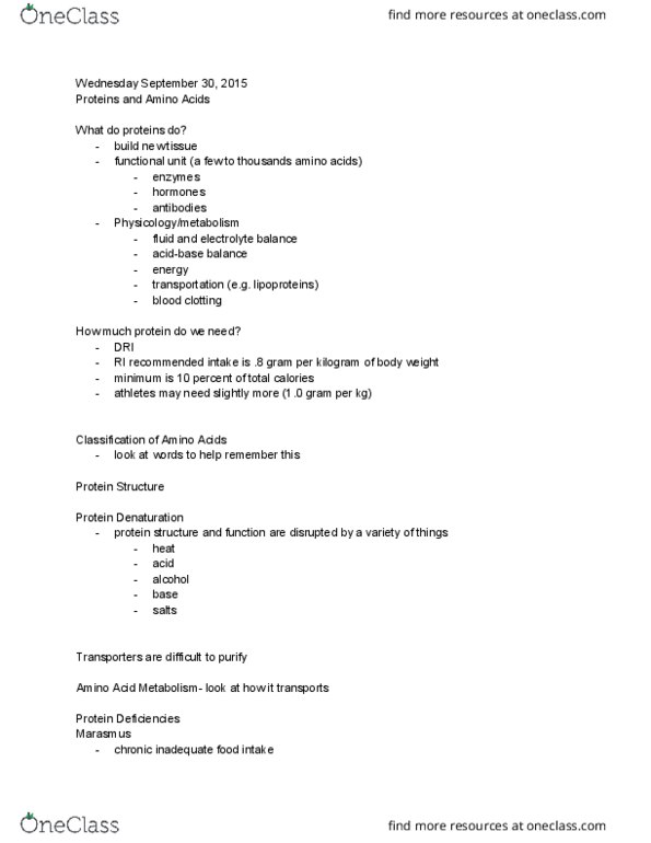 NFSC 100 Lecture Notes - Lecture 5: Marasmus, Protein Structure, Kilogram thumbnail