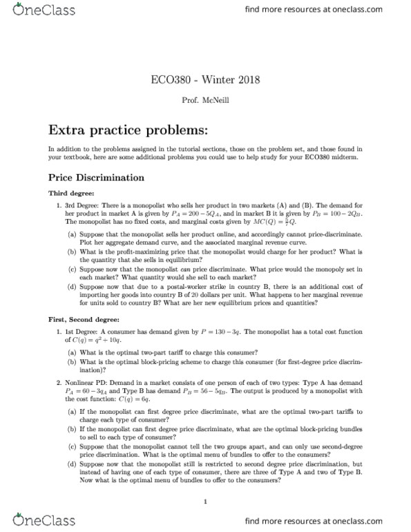 ECO380H1 Lecture Notes - Lecture 2: Price Discrimination, Marginal Revenue, Economic Equilibrium thumbnail