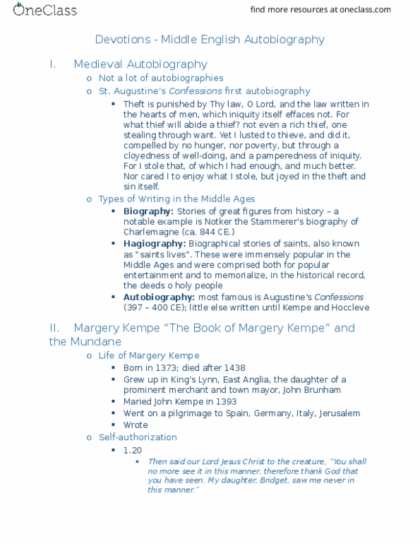 ENG 4339 Lecture Notes - Lecture 20: Margery Kempe, Hagiography, Thomas Hoccleve thumbnail