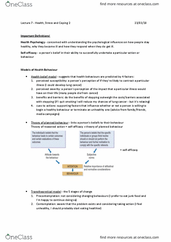 PSYC121 Lecture Notes - Lecture 7: Health Belief Model, Transtheoretical Model, Theory Of Planned Behavior thumbnail