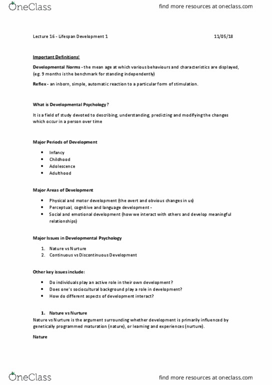 PSYC121 Lecture Notes - Lecture 16: Longitudinal Study, Empiricism, Palmar Grasp Reflex thumbnail