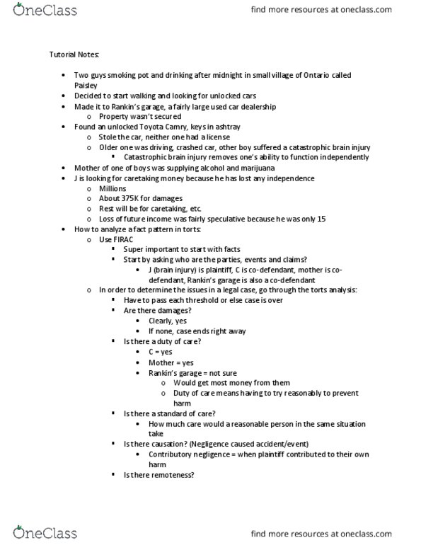 LAW 201 Lecture Notes - Lecture 11: Contributory Negligence thumbnail