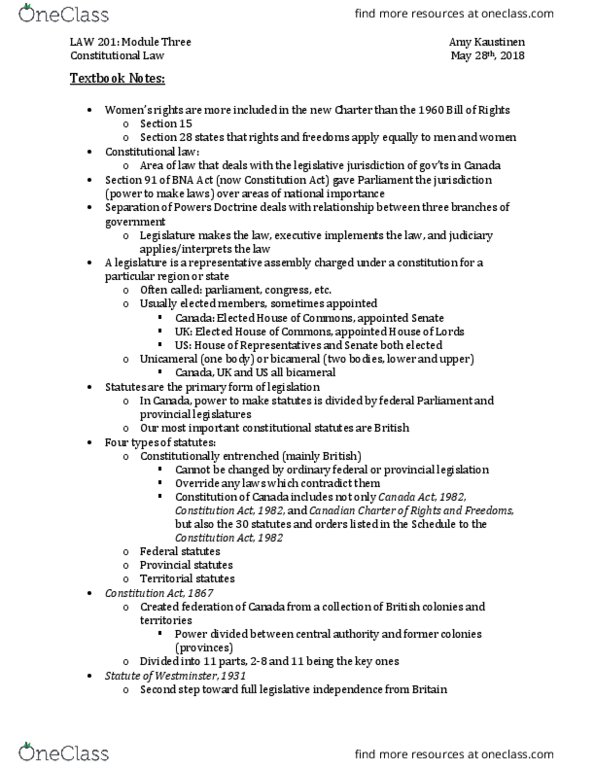 LAW 201 Chapter Notes - Chapter 3-4: Canada Act 1982, Constitution Act, 1982, Kaustinen thumbnail