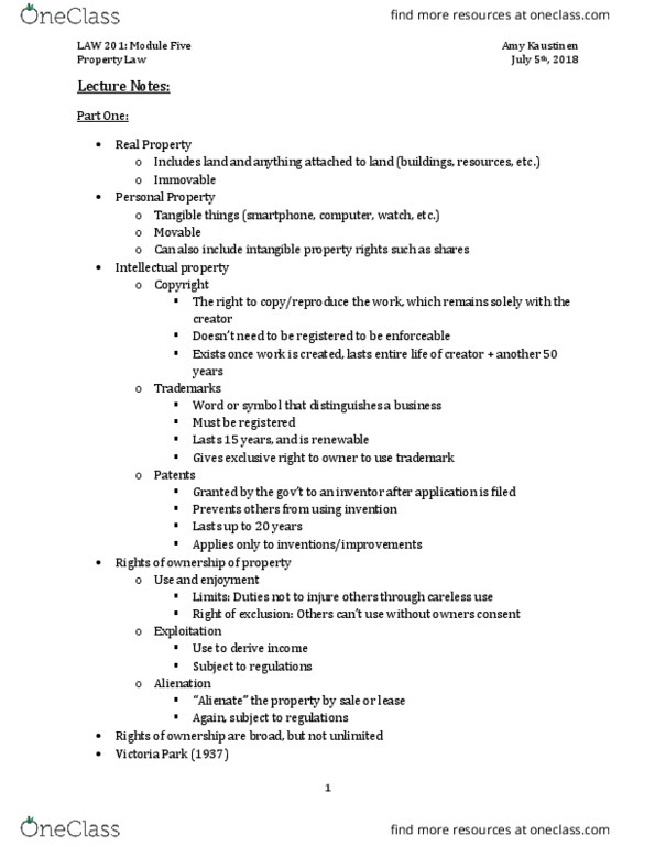 LAW 201 Lecture Notes - Lecture 5: Kaustinen, Intangible Property, Land Claim thumbnail