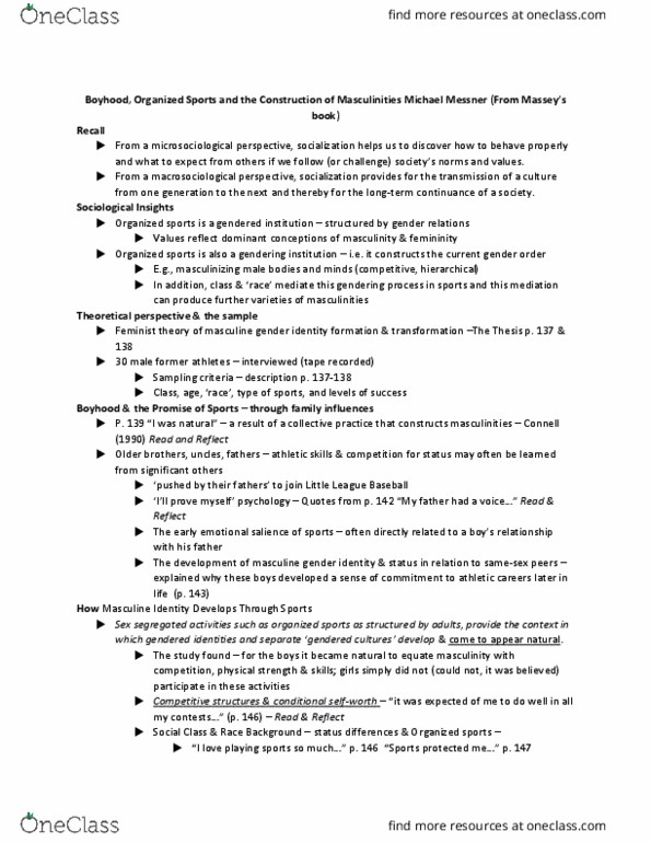 Sociology 1020 Lecture Notes - Lecture 9: Little League Baseball, Michael Messner, Grammatical Gender thumbnail