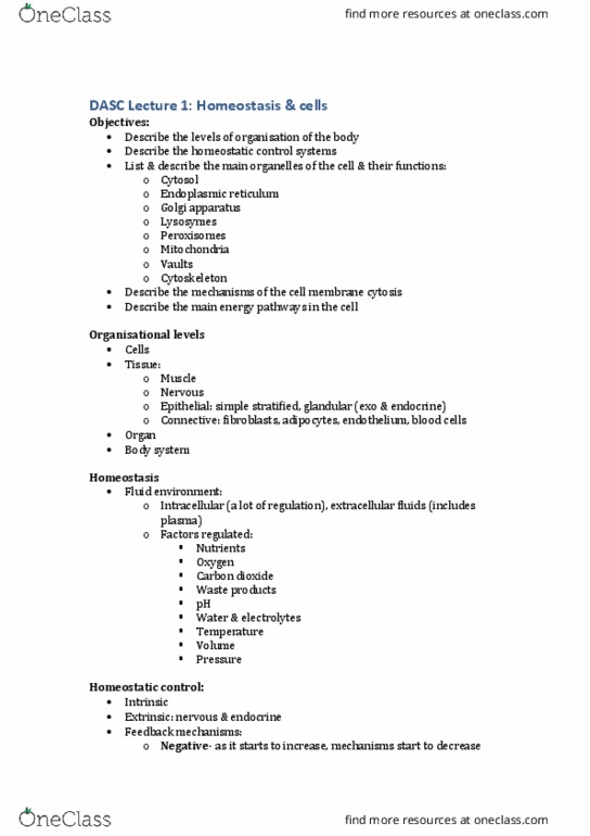 DASC20010 Lecture Notes - Lecture 1: Golgi Apparatus, Fibroblast, Negative Feedback thumbnail