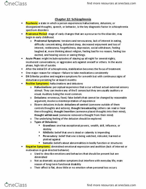 NURS 3130 Lecture Notes - Lecture 22: Avolition, Circumstantial Speech, Schizophrenia thumbnail