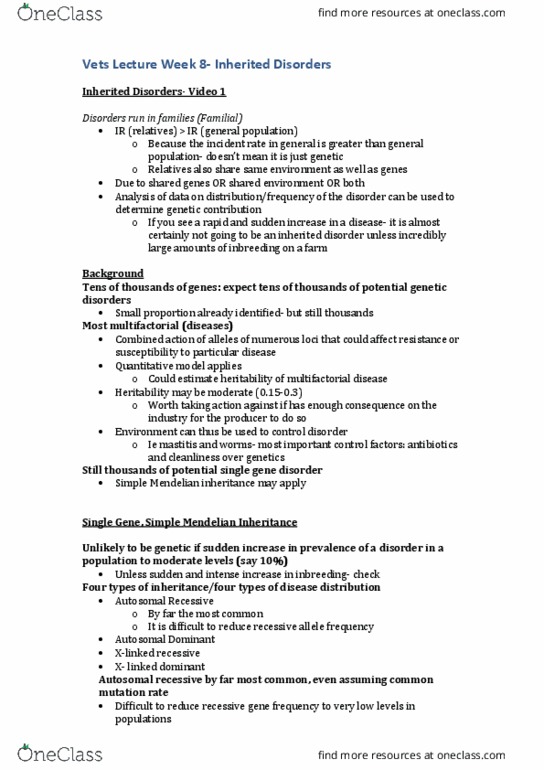 VETS20015 Lecture Notes - Lecture 8: Genetic Disorder, Quantitative Genetics, Mutation Rate thumbnail