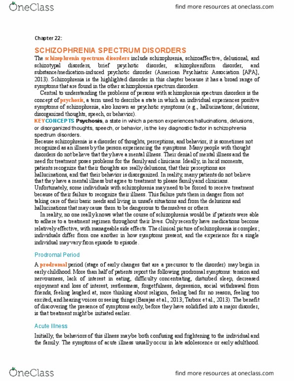 NURS 3130 Chapter Notes - Chapter 22: Schizotypal Personality Disorder, American Psychiatric Association, Schizophreniform Disorder thumbnail