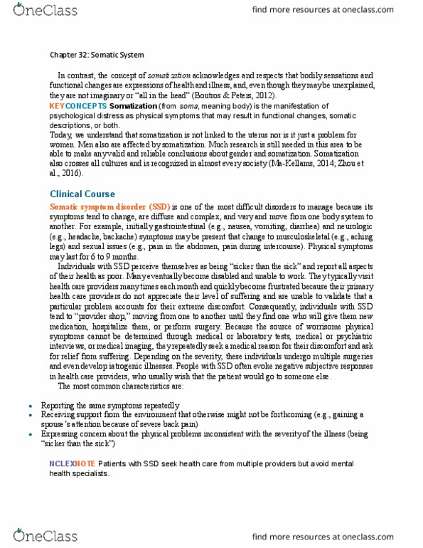 NURS 3130 Chapter Notes - Chapter 32: Somatic Symptom Disorder, Irritable Bowel Syndrome, Alexithymia thumbnail