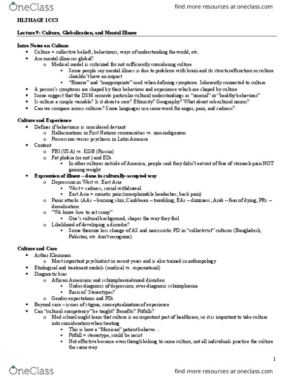 HLTHAGE 1CC3 Lecture Notes - Lecture 9: Arthur Kleinman, Somatic Symptom Disorder, Derealization thumbnail