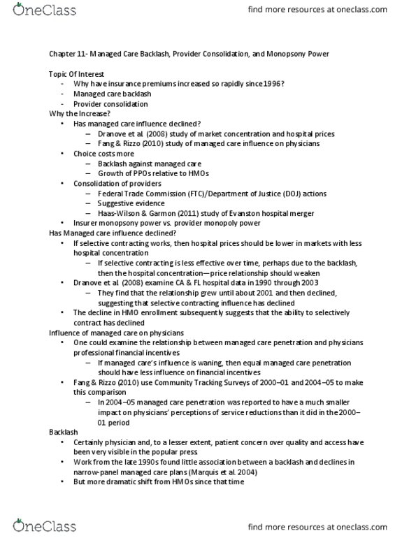 HSA 4321 Lecture Notes - Lecture 10: Managed Care, Monopsony, Health Maintenance Organization thumbnail