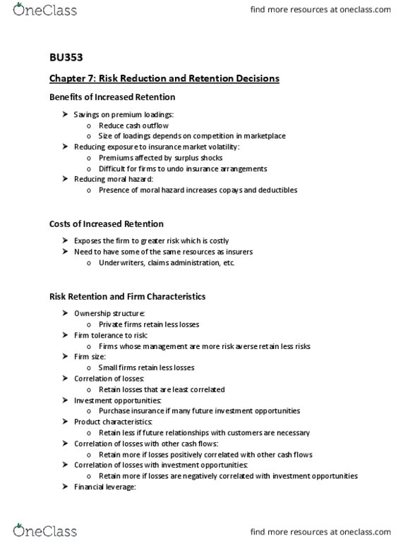 BU353 Lecture Notes - Lecture 6: Moral Hazard, Reinsurance thumbnail
