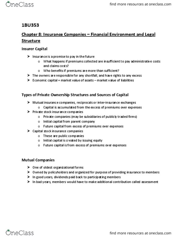 BU353 Lecture Notes - Lecture 9: Public Company, Mutual Insurance, Economic Capital thumbnail
