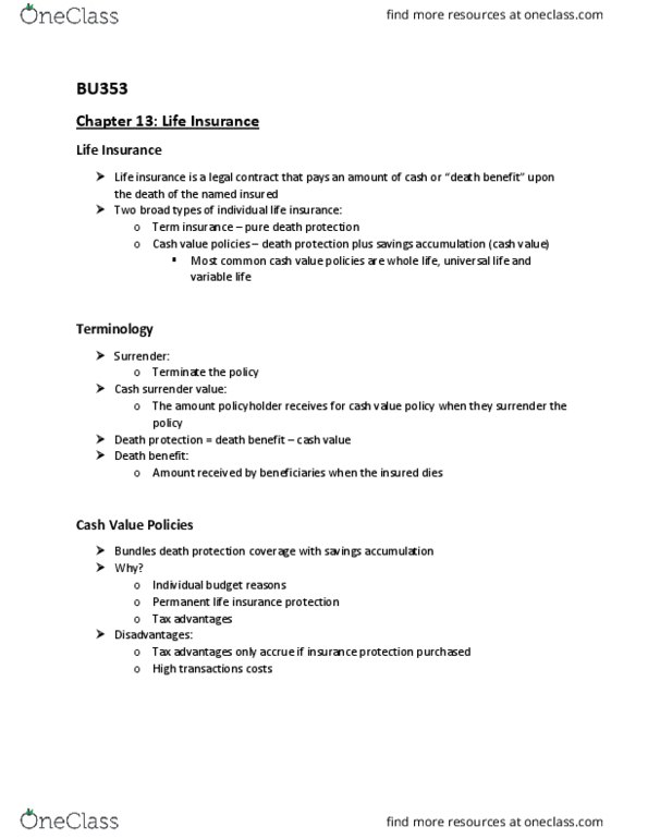 BU353 Lecture Notes - Lecture 14: Life Insurance, Whole Life Insurance, Term Life Insurance thumbnail