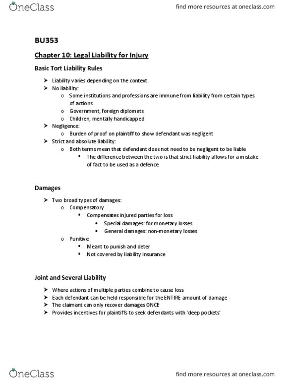 BU353 Lecture Notes - Lecture 11: Liability Insurance, Absolute Liability, Contributory Negligence thumbnail