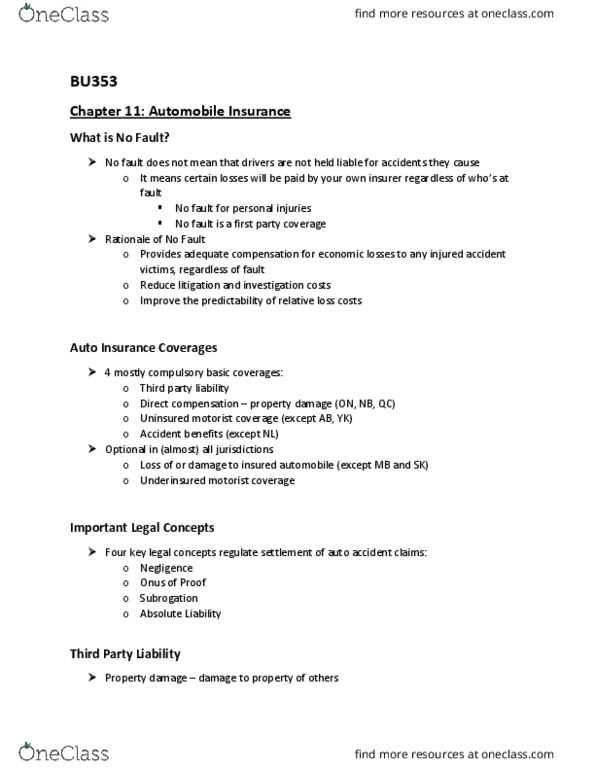 BU353 Lecture Notes - Lecture 12: Liability Insurance, Subrogation, Underinsured thumbnail