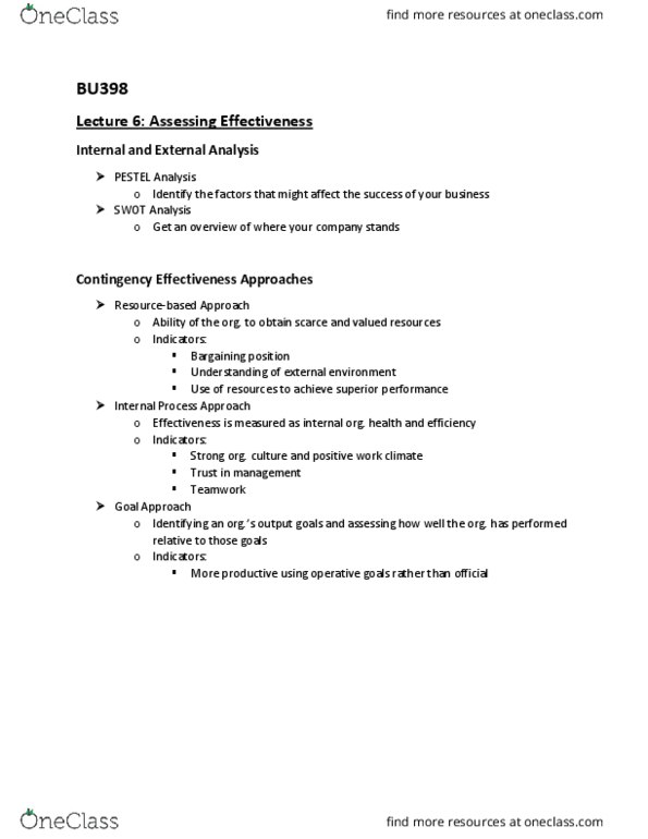 BU398 Lecture Notes - Lecture 6: Swot Analysis, Pest Analysis, Balanced Scorecard thumbnail