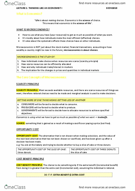 ECON1010 Lecture Notes - Lecture 1: Microeconomics, Opportunity Cost, Marginal Utility thumbnail