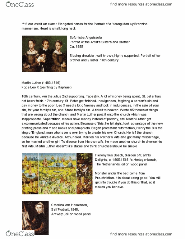 ARTH 070B Lecture Notes - Lecture 10: Catharina Van Hemessen, Sofonisba Anguissola, Pope Leo X thumbnail