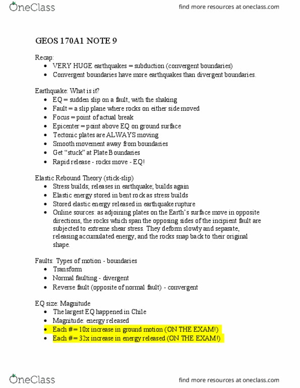 GEOS 170A1 Lecture Notes - Lecture 9: Divergent Boundary, Convergent Boundary, Elastic Energy thumbnail