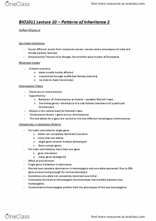 BIO1011 Lecture Notes - Lecture 10: Thomas Hunt Morgan, Mitochondrion, Zygosity thumbnail