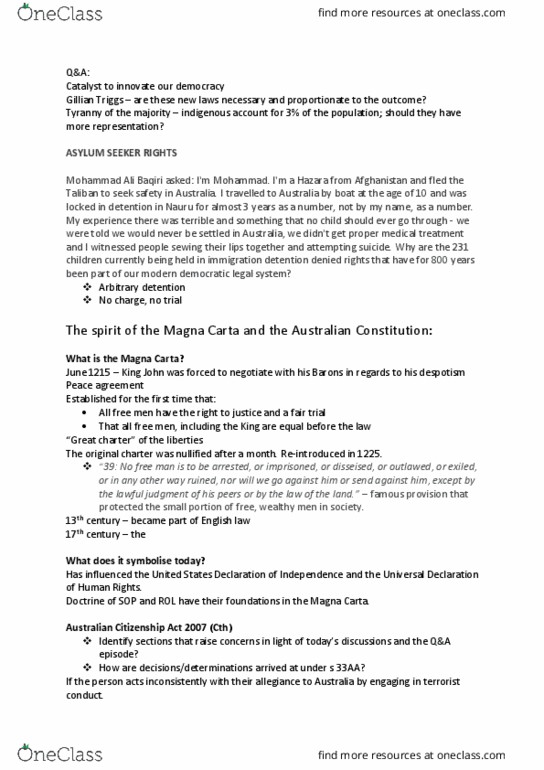 LLB160 Lecture Notes - Lecture 2: Australian Nationality Law, Gillian Triggs, Constitution Of Australia thumbnail