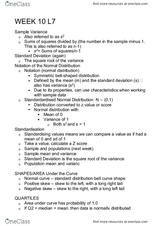 AGRC1023 Lecture Notes - Lecture 7: Standard Score, Standard Deviation, Normal Distribution thumbnail