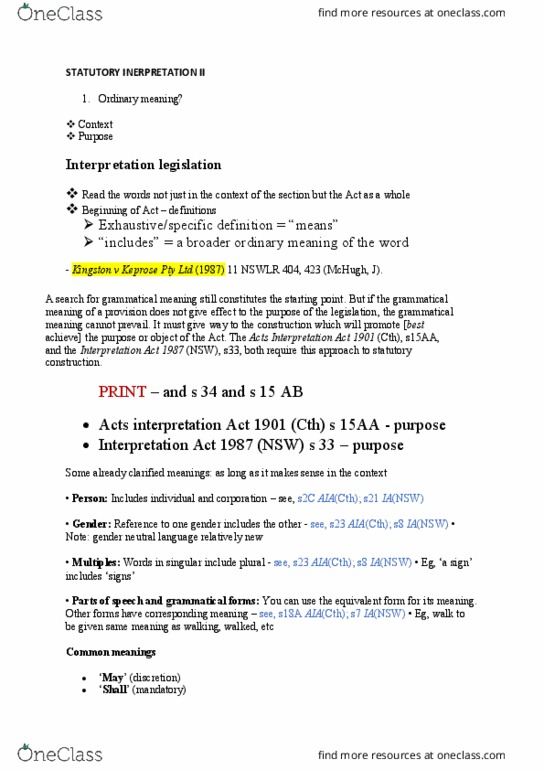 LLB1100 Lecture Notes - Lecture 10: Nsw Law Reports, Purposive Approach, Royal Assent thumbnail