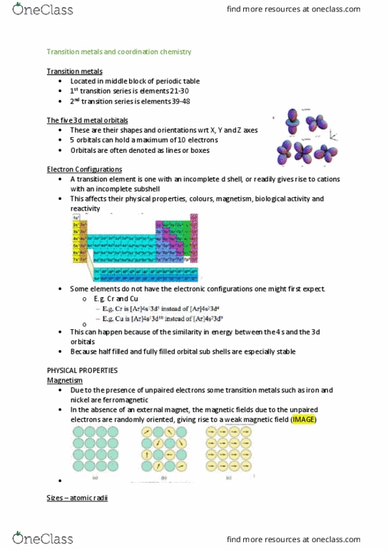 CHEM102 Lecture Notes - Lecture 7: Coordination Complex, Electron Shell, Ferromagnetism thumbnail