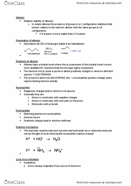 CHEM102 Lecture Notes - Lecture 9: Pi Bond, Electrophile, Nucleophile thumbnail