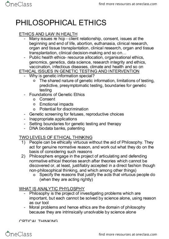 HLTH3000 Lecture Notes - Lecture 2: Normative Ethics, Genetic Testing, Personal Boundaries thumbnail