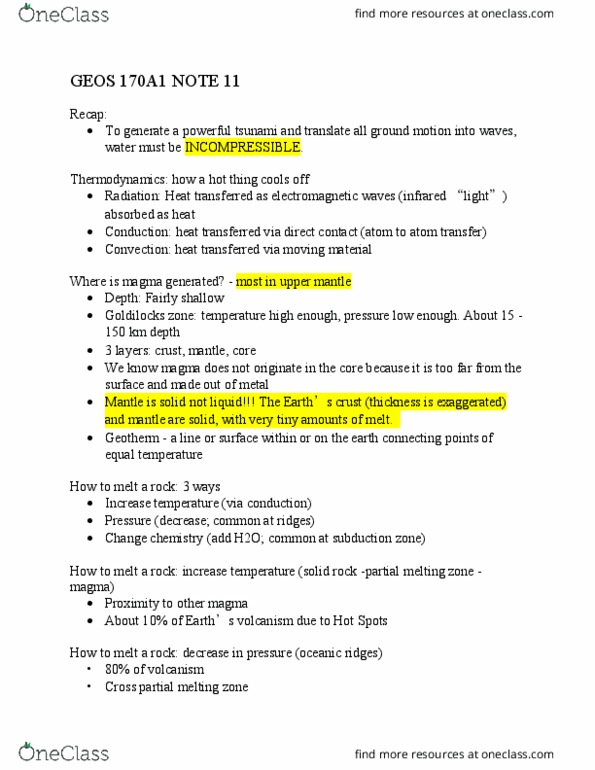 GEOS 170A1 Lecture Notes - Lecture 11: Subduction, Volcanism, Thermodynamics thumbnail